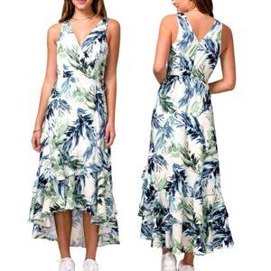 NEW NWT ADELYN RAE Nevina Ruffle Wrap Front Maxi Dress Multi Palm Leaf Tropical
